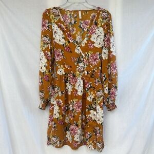 Xhilaration Boho Dress Size M Gold Floral Long Sleeve Elastic Waist Fall Buttons